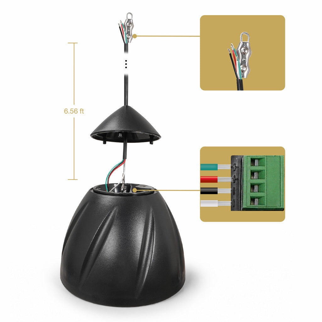 Sound Town LYRA-5B | LYRA Series 5.25" Weatherproof Hanging Pendant Speaker, 70V/100V/8Ω for Indoor/Outdoor Home and Commercial Installations, Black - Cable and Terminal Block