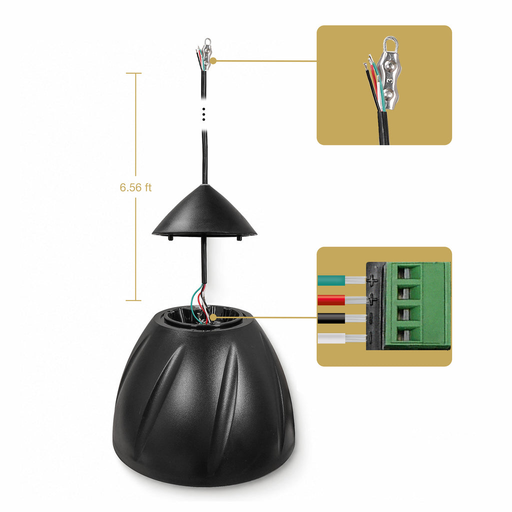 Sound Town LYRA-5B | LYRA Series 5.25" Weatherproof Hanging Pendant Speaker, 70V/100V/8Ω for Indoor/Outdoor Home and Commercial Installations, Black - Cable and Terminal Block