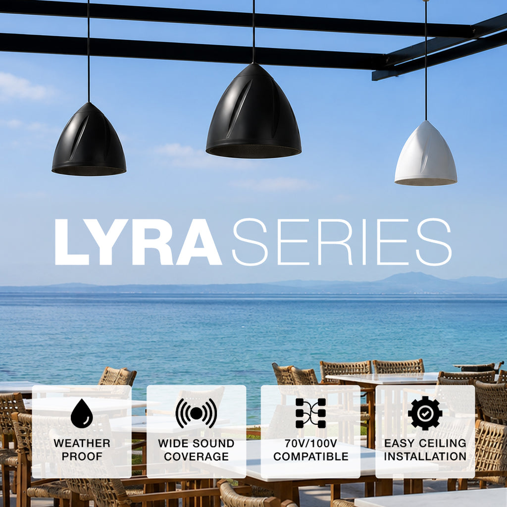 The Sound Town LYRA Series features weatherproof pendant speakers for indoor and outdoor commercial audio installations. Available in multiple sizes with black and white finish options, the series includes IP55 weather-resistant enclosures, built-in 70V/100V multi-tap transformers with 8Ω compatibility, and wide 120° conical coverage for clear, even sound. Complete with hanging and safety cables, the LYRA Series provides flexible installation for restaurants, cafés, retail stores, houses of worship, patios,