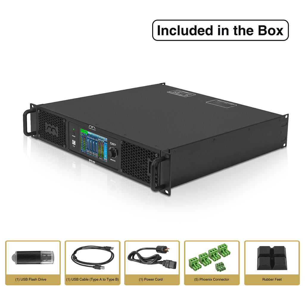 MODE Audio M10.4D | 4-Channel Class-D Power Amplifier w/ DSP, Dante, FIR, 4 x 1700W RMS at 4Ω, Capacitive Touch Screen, PFC Power for Professional PA/DJ Systems - Included in the Box, Package Contents