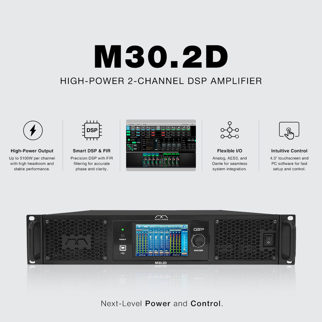 M30.2D | High-Power 2-Channel DSP Amplifier (2×5100W RMS) with FIR Processing, Dante/AES3 Networking, 4.3" Touchscreen Control, PFC, and Advanced System Integration for Touring, Live Sound, and Installed Audio Systems