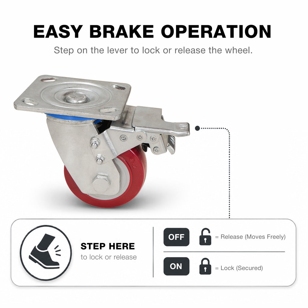 Sound Town MALC‑HD4PACK | 4-Pack 4" Heavy-Duty Double-Locking Polyurethane Swivel Caster Wheels with Brakes, 2400 lb Load Capacity for FILA-VA Series Frames - Easy Brake Operation, Step to Lock or Release