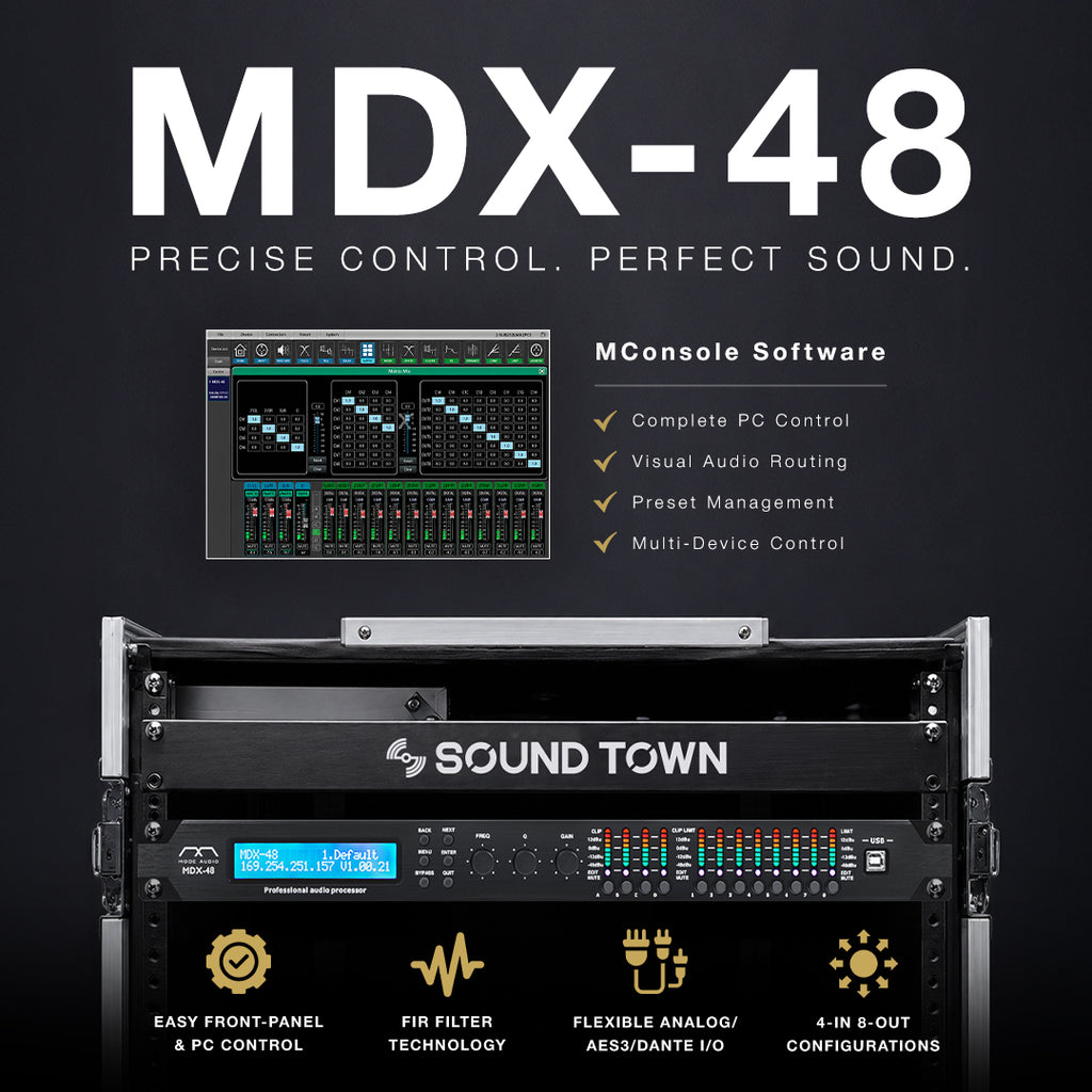 The MODE Audio MDX-48 is a professional 4-in, 8-out FIR DSP loudspeaker management processor designed for live sound, touring, fixed installations, and line array systems. Featuring 96kHz/24-bit audio processing, advanced FIR technology, flexible Analog, AES3, and Dante connectivity, and Mconsole software for intuitive system configuration and tuning, the MDX-48 delivers precise loudspeaker optimization and reliable performance for professional audio applications.