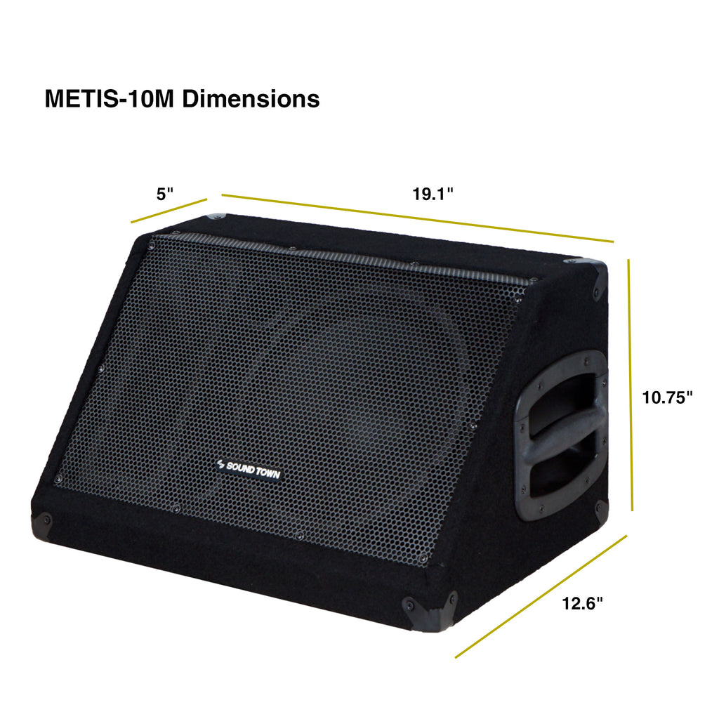 Sound Town METIS-10M | METIS Series 10” 300W Passive DJ PA Stage Floor Monitor Pro Audio Speaker w/ Compression Driver for Live Sound, Karaoke, Bar, Church - dimensions
