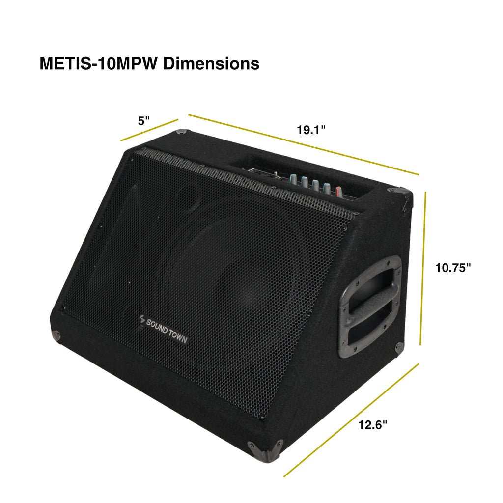 Sound Town METIS-10MPW-PAIR | METIS Series 2-Pack 10" 300W Powered DJ PA Stage Floor Monitor Speakers with Compression Driver for Live Sound, Bar, Church - Dimensions