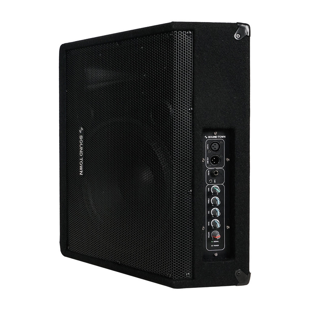 Sound Town METIS-10MPW-PAIR METIS Series 10” 300W Powered DJ PA Stage Floor Monitor Pro Audio Speaker w/ Compression Driver for Live Sound, Karaoke, Bar, Church - Top Panel, Input, Output, Controls