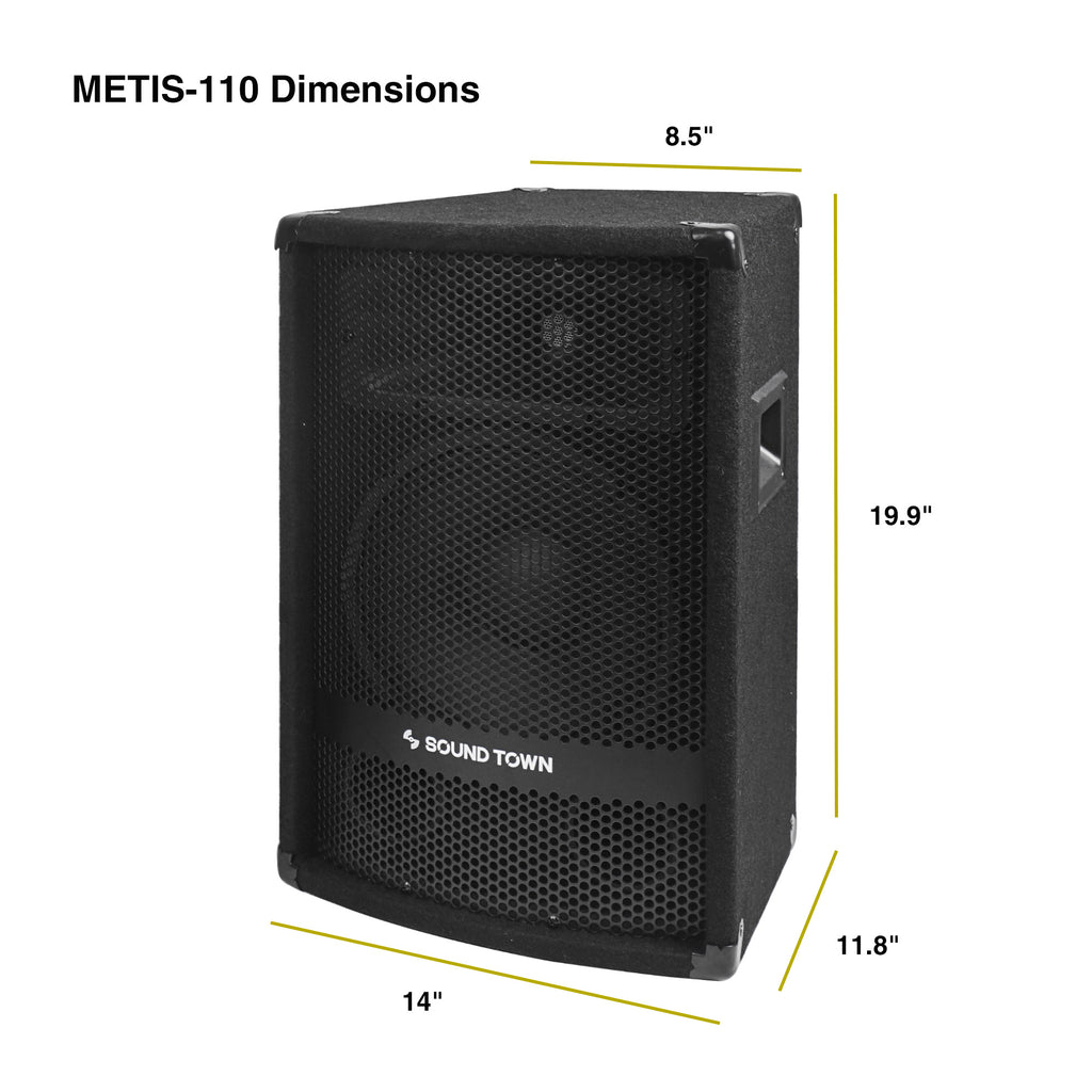 Sound Town METIS-110-R | REFURBISHED: 10" 400W Passive DJ/PA Speaker w/ Compression Driver for Live Sound, Karaoke, Bar, Church - Dimensions