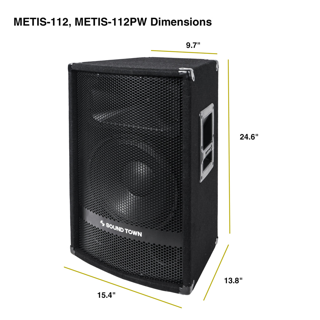 Sound Town METIS-112 METIS Series 12" 600W 2-Way Full-range Passive DJ PA Pro Audio Speaker with Compression Driver for Live Sound, Karaoke, Bar, Church - Dimension