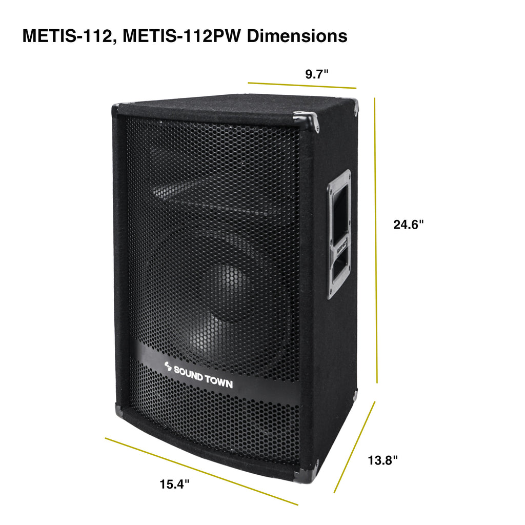 Sound Town METIS-112-R | REFURBISHED: 12" 600W 2-Way Full-range Passive DJ PA Pro Audio Speaker with Compression Driver for Live Sound, Karaoke, Bar, Church - Dimensions