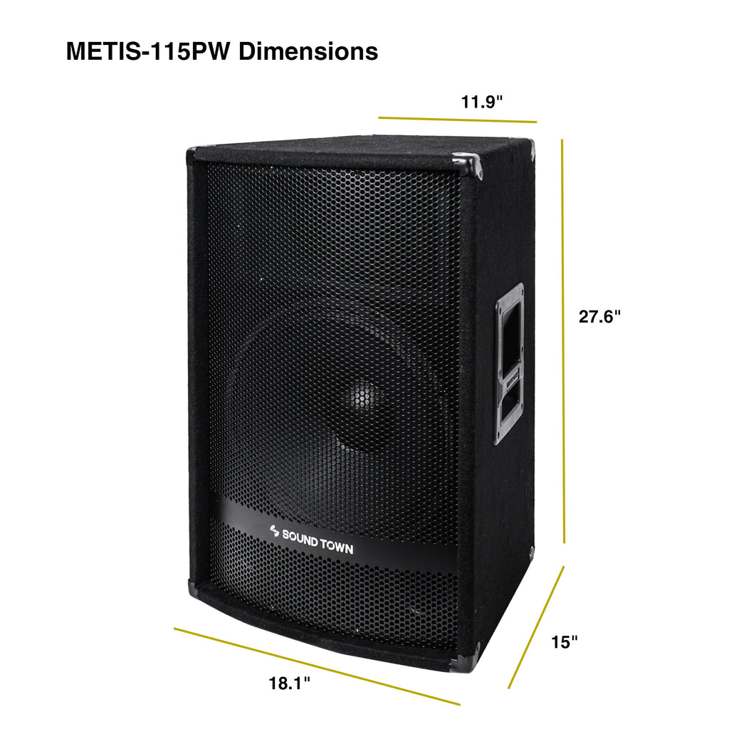 Sound Town METIS-115PW-PAIR | METIS Series 2-Pack 15" Powered 700 Watts DJ/PA Speakers with Compression Drivers for Live Sound, Karaoke, Bar, Church - Dimensions