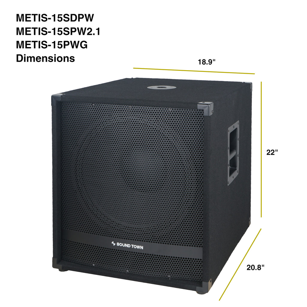 Sound Town METIS-1215SPW | METIS Series 1800W 15” Powered Subwoofer with Class-D Amplifier, 4-inch Voice Coil, High-Pass Filter - Dimensions