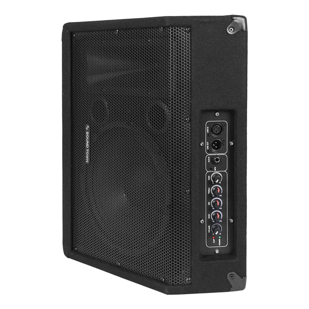 Sound Town METIS-12MPW-R REFURBISHED: METIS Series 12" 500W Powered DJ PA Stage Floor Monitor Pro Audio Speaker with Compression Driver for Live Sound, Karaoke, Bar, Church - Plate Amplifier Power Panel, Inputs, Outputs, Controls