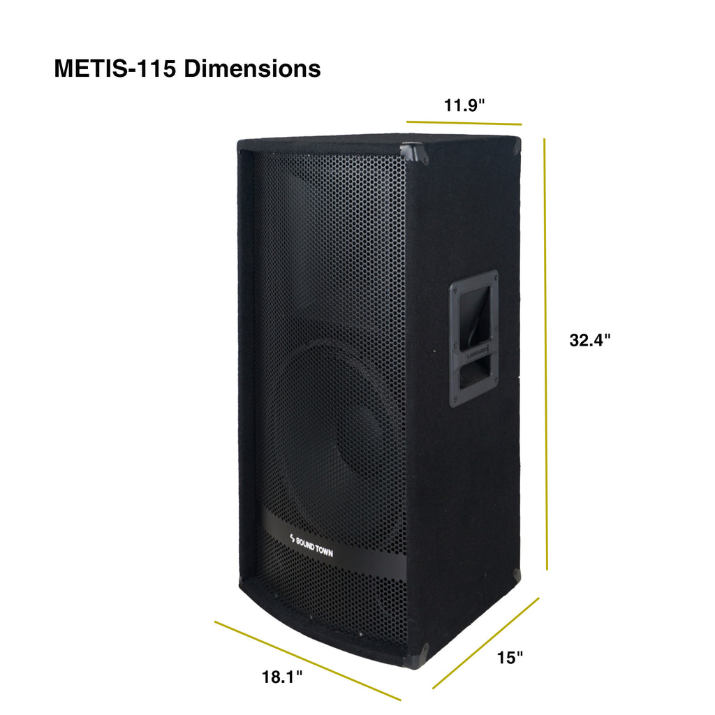 Sound Town METIS-1518SPW-NIXS1 METIS Series 15” 700W 2-Way Full-range Passive DJ PA Pro Audio Speaker with Compression Driver for Live Sound, Karaoke, Bar, Church - Dimensions