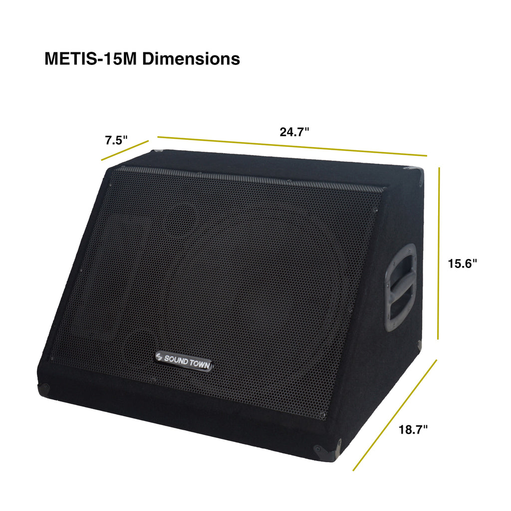 Sound Town METIS-15M-PAIR | METIS Series 2-Pack 15" 600W Passive DJ PA Stage Floor Monitor Speakers with Compression Driver for Live Sound, Bar, Church - Dimensions