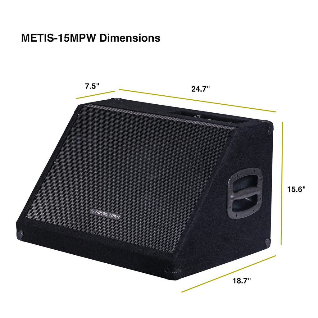 Sound Town METIS-15MPW | METIS Series 15" 600W Powered DJ PA Stage Floor Monitor Speakers with Compression Driver for Live Sound, Bar, Church - Dimensions