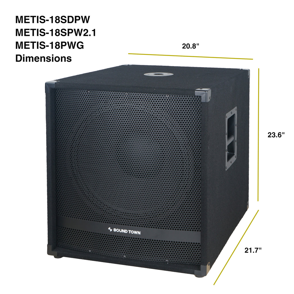 Sound Town METIS-18SPW2.1-R | REFURBISHED: METIS Series 2000W 18" Active Powered Subwoofer with 2 Speaker Outputs, DSP, DJ PA Pro Audio Sub with 4 inch Voice Coil - Dimensions