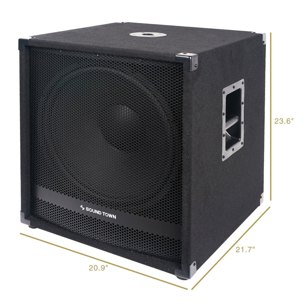Sound Town METIS-18SPW2.1-R REFURBISHED: METIS Series 2000W 18" Active Powered Subwoofer with 2 Speaker Outputs, DSP, DJ PA Pro Audio Sub with 4 inch Voice Coil - Size and Dimensions