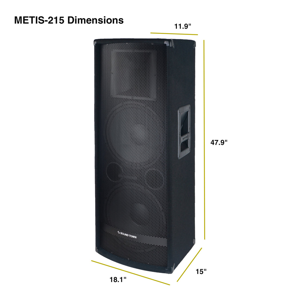 Sound Town METIS-215UPDM METIS Series Dual 15” 1400W 2-Way Full-range Passive DJ PA Pro Audio Speaker with Titanium Compression Driver for Live Sound, Karaoke, Bar, Church - Dimensions