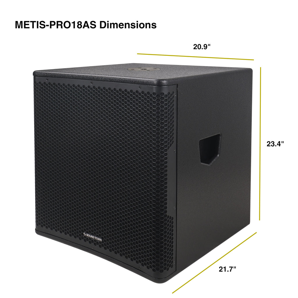 Sound Town METIS-PRO18AS METIS Series 18" 2400W Powered PA/DJ Subwoofer with Class-D Amplifier, Plywood, Black - Dimensions
