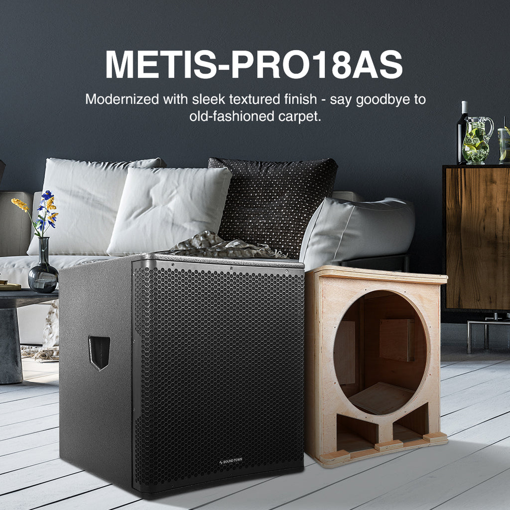 Sound Town METIS-PRO18AS-PAIR | METIS Series Pair of 18" 2400W Powered PA/DJ Subwoofer with Class-D Amplifier, Plywood, Black - modernized with sleek textured finish