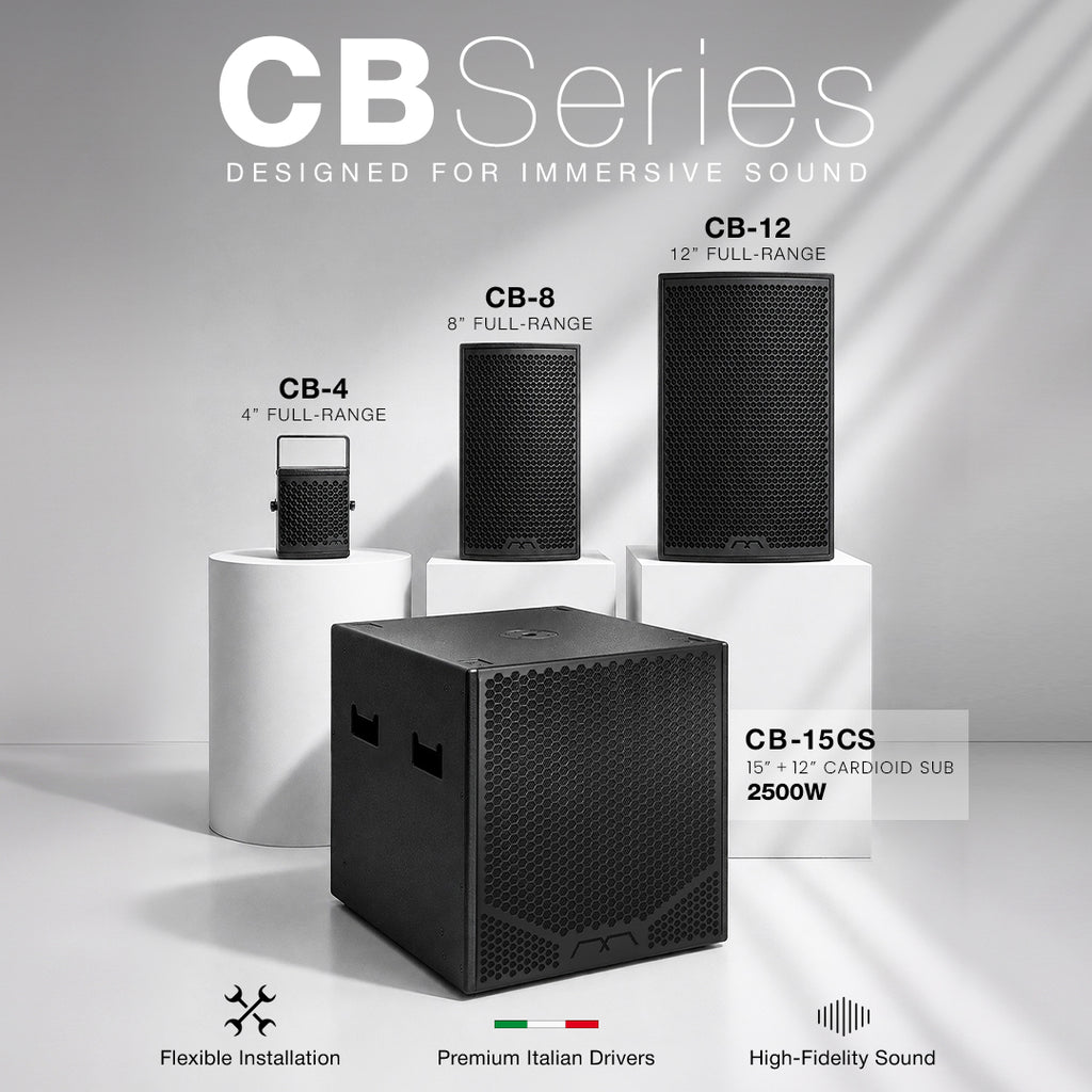 MODE Audio CB Series professional passive loudspeakers and cardioid subwoofer featuring premium Italian LaVoce and FaitalPRO neodymium drivers, high-fidelity full-range sound, wide conical coverage, controlled bass, birch plywood construction, and flexible mounting for venues and installations.