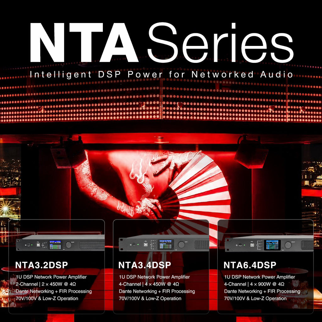 The MODE Audio NTA Series Dante-enabled DSP power amplifiers feature FIR filtering, speaker management, Low-Z and 70V/100V operation, MCONSOLE integration, and third-party control compatibility. Available in compact 1U rackmount configurations, the NTA Series is designed for commercial audio installations, networked audio systems, and integrated sound applications requiring precise control and flexible system management.