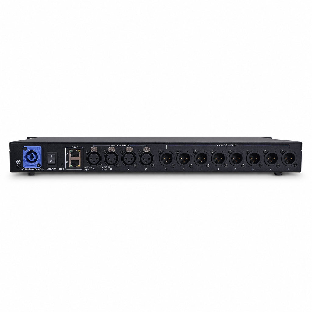 Sound Town MOS-880PRO | MODE Audio DSP Processor w/ Acoustic Design & Simulation Platform, 4-In 8-Out, Dante/AES67, FIR Filter, Measurement I/O, Virtual Tuning - Back Panel