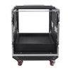 Sound Town MR-DR12UT-R | REFURBISHED: 12U PA DJ Pro Audio Rack/Road ATA Case w/ 2U Drawer, 11U Slant Mixer Top, DJ Work Table, Casters, Pro Tour Grade - Back View of the Flight Case