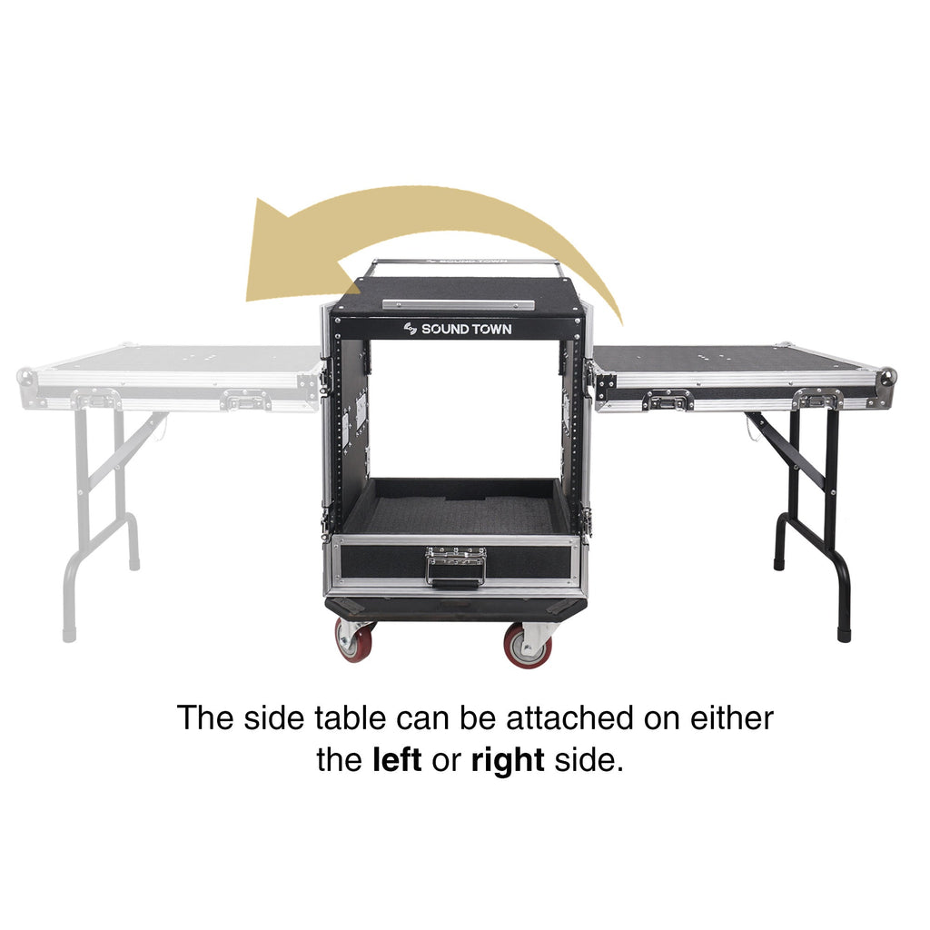 Sound Town MR-DR12UT-R | REFURBISHED: 12U PA DJ Pro Audio Rack/Road ATA Case w/ 2U Drawer, 11U Slant Mixer Top, DJ Work Table, Casters, Pro Tour Grade - Side table can be attached on either the left or right side, customizable