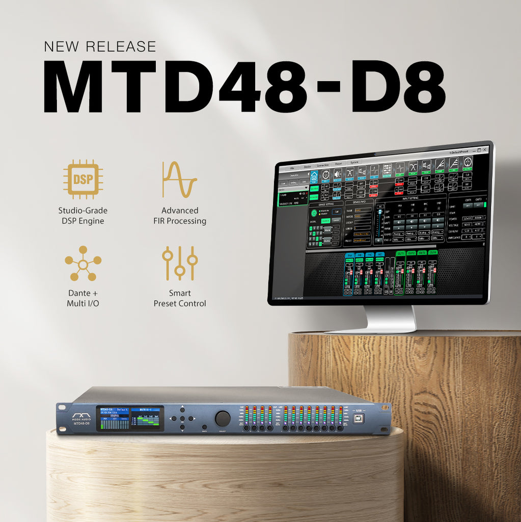 Sound Town MTD48-D8 | MODE Audio 4x8 FIR DSP Speaker System Processor for Line Array Management, Supports Dante/AES, Smart Factory Preset Control, Multi I/O, Mconsole Software