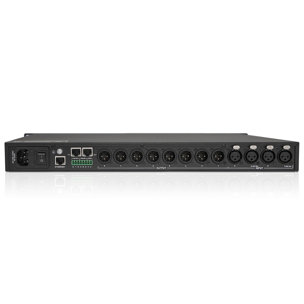Sound Town MTD48-D8 | MODE Audio 4x8 FIR DSP Speaker System Processor for Line Array Management, Factory Presets, Supports Dante/AES-Back Panel