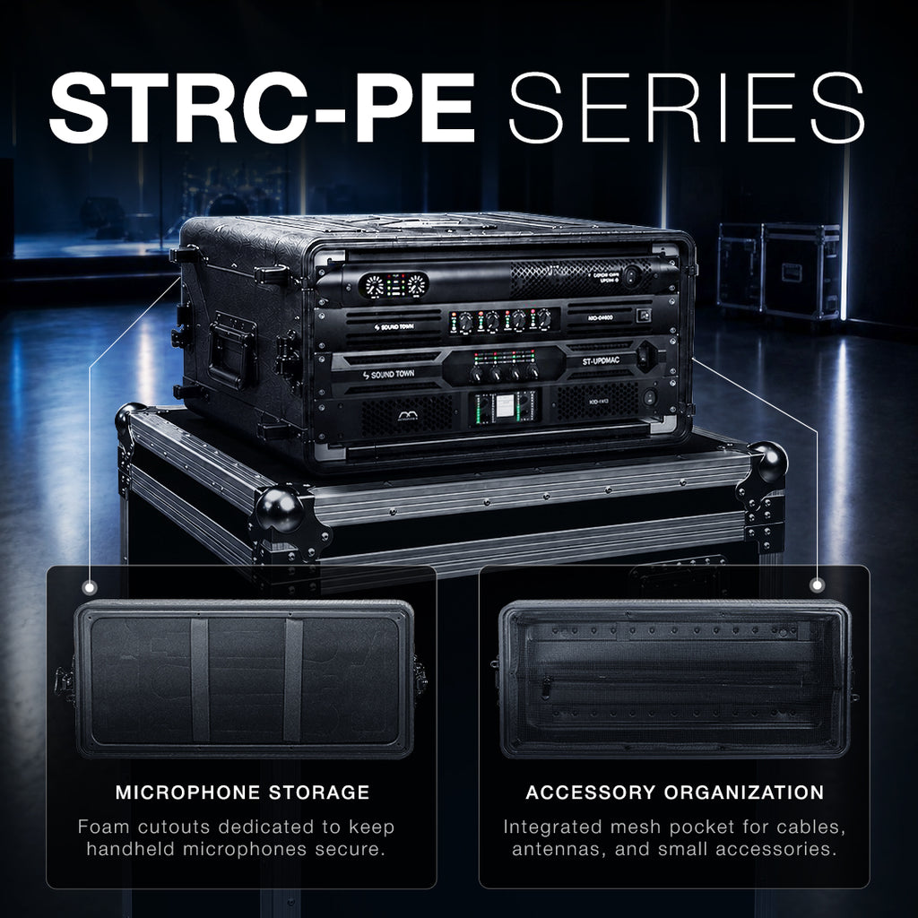 The STRC-PE Series features molded PE rack road cases for rugged, lightweight protection. Designed for standard 19" rack equipment with a 14" rack mounting depth for receivers, amplifiers, mixers, effects processors, and more. Detachable front and rear lids feature microphone foam cutouts and a built-in mesh pocket for accessory storage. An impact-resistant molded PE shell, anti-slip stacking grooves, butterfly twist latches, and a heavy-duty handle provide reliable protection. Available in 4U & 6U models.