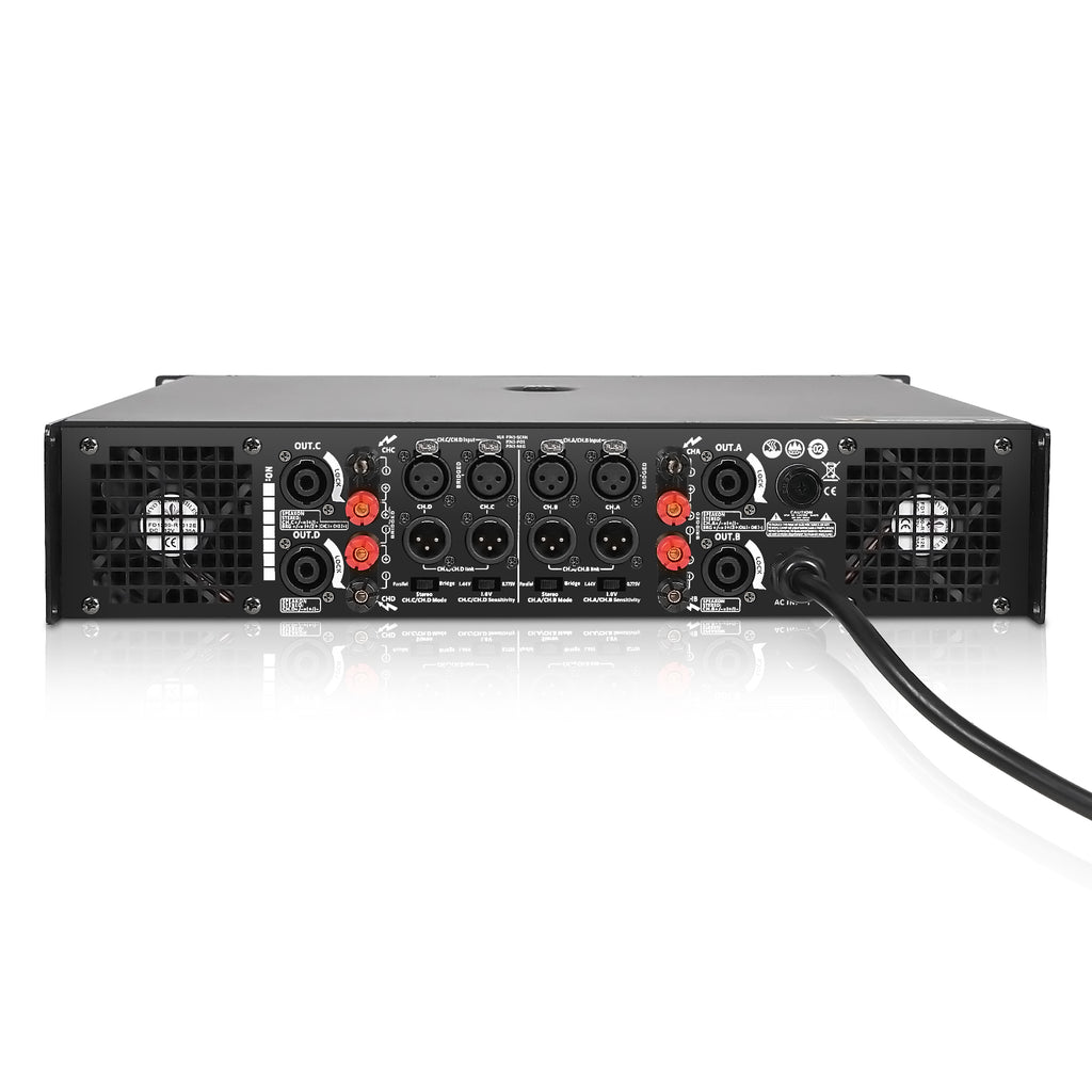 Sound Town NIX-A48PRO | High-Power Class-AB 4-Channel PA DJ Power Amplifier 4 x 1800W at 4 ohm, 2U Rack Mountable with LCD Display - Back Panel, Stereo / Parallel / Bridge Switches