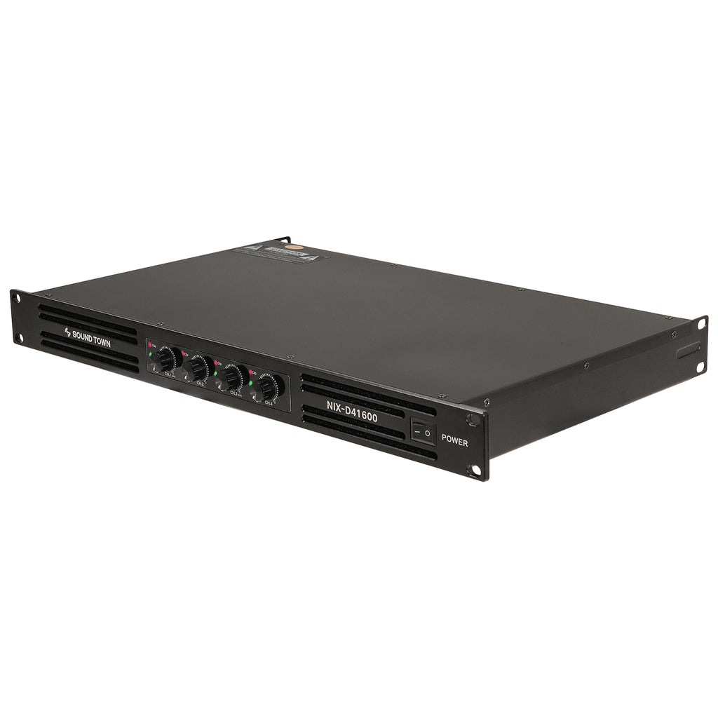 Sound Town NIX-D41600 | Class-D 4-Channel Power Amplifier with 4 x 1700W RMS at 4Ω, 1U Lightweight Rack Mountable for PA, DJ Speaker Installations - Left View