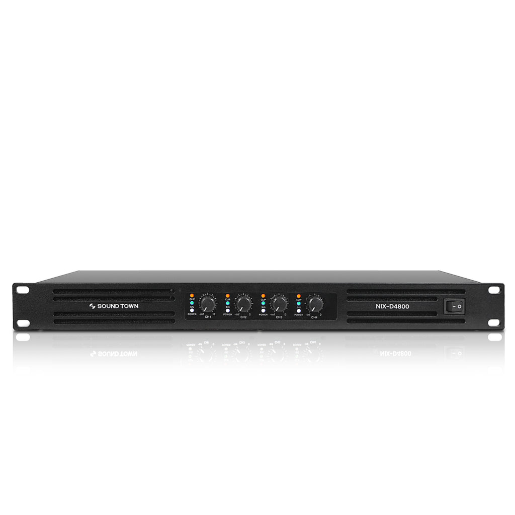 Sound Town NIX-D4800 | 1U Class-D 4-Channel PA/DJ Power Amplifier, 4 x 720W RMS at 4-ohm, Aluminum Panel, Conference Installations - Front View
