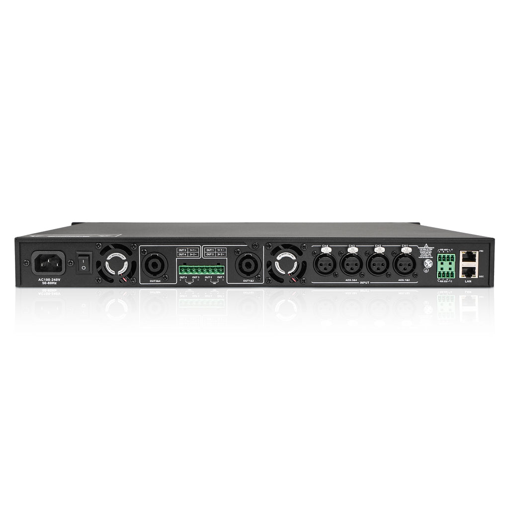 Sound Town NTA6.4DSP | MODE Audio 4-Channel Network Power Amplifier 4 x 900W w/ DSP, FIR, Dante for Speaker Management, Supports Low-Z, 70V/100V - Back Panel 