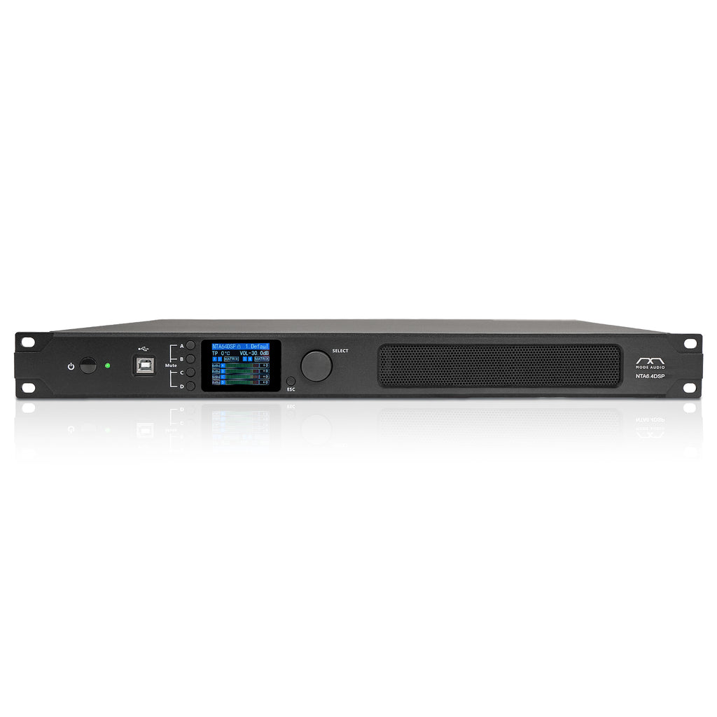 Sound Town NTA6.4DSP | MODE Audio 4-Channel Network Power Amplifier 4 x 900W w/ DSP, FIR, Dante for Speaker Management, Supports Low-Z, 70V/100V - Front View 