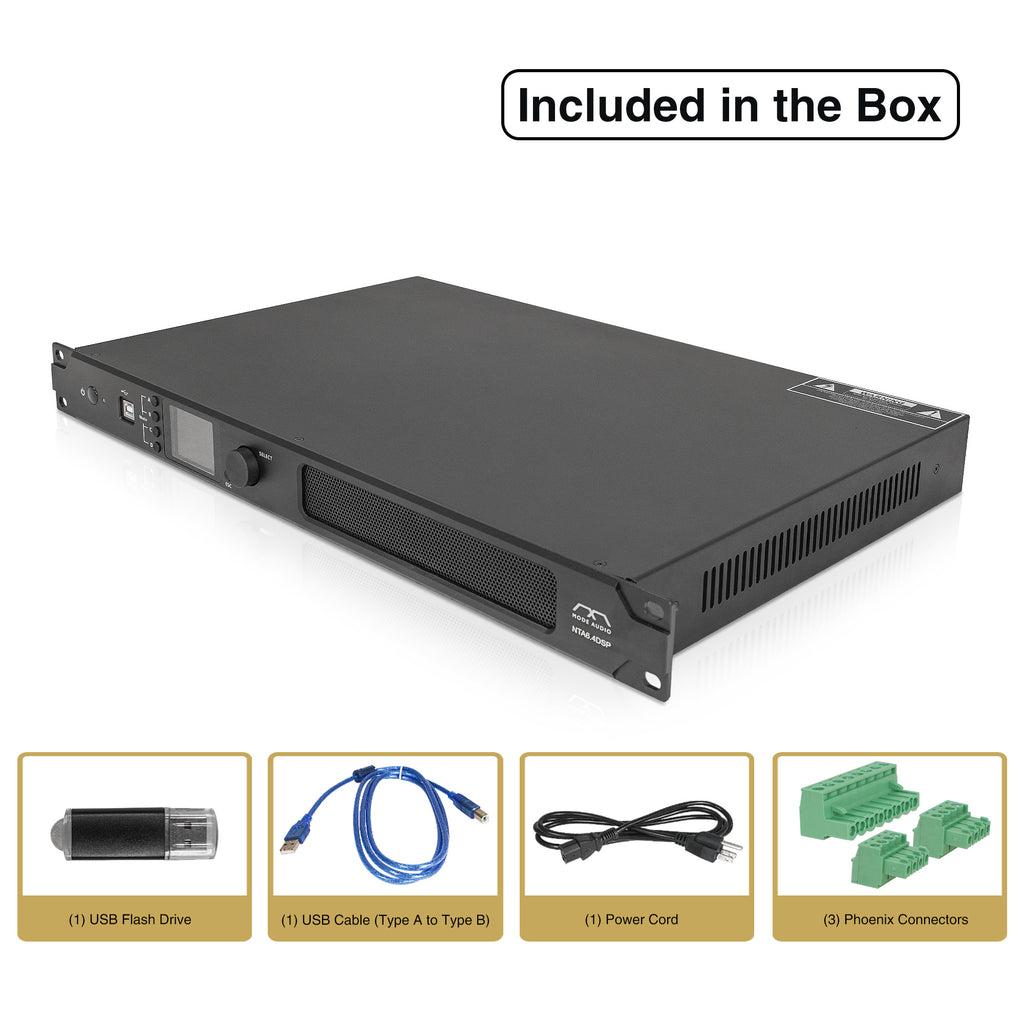 Sound Town NTA6.4DSP | MODE Audio 4-Channel Network Power Amplifier 4 x 900W w/ DSP, FIR, Dante for Speaker Management, Supports Low-Z, 70V/100V - (1) USB Flash Drive, (1) USB Cable (Type A to Type B), (1) Power Cord, (3) Phoenix Connectors 