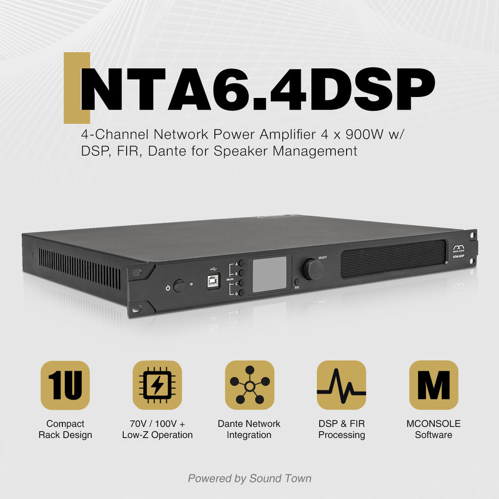 Sound Town NTA6.4DSP | MODE Audio 4-Channel Network Power Amplifier 4 x 900W w/ DSP, FIR, Dante for Speaker Management, Supports Low-Z, 70V/100V for Meeting Room, Churches, Live Events, and Stages