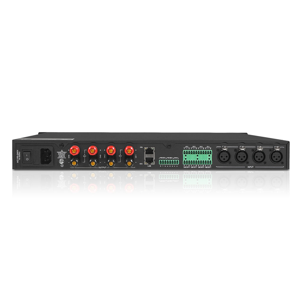 Sound Town NTA3.4DSP | MODE Audio Network 4-Ch PA/DJ Power Amplifier 4 x 450W, with DSP, FIR, Dante, PA Speaker Management with Display, Supports Low-Z 70V/100V-Back 