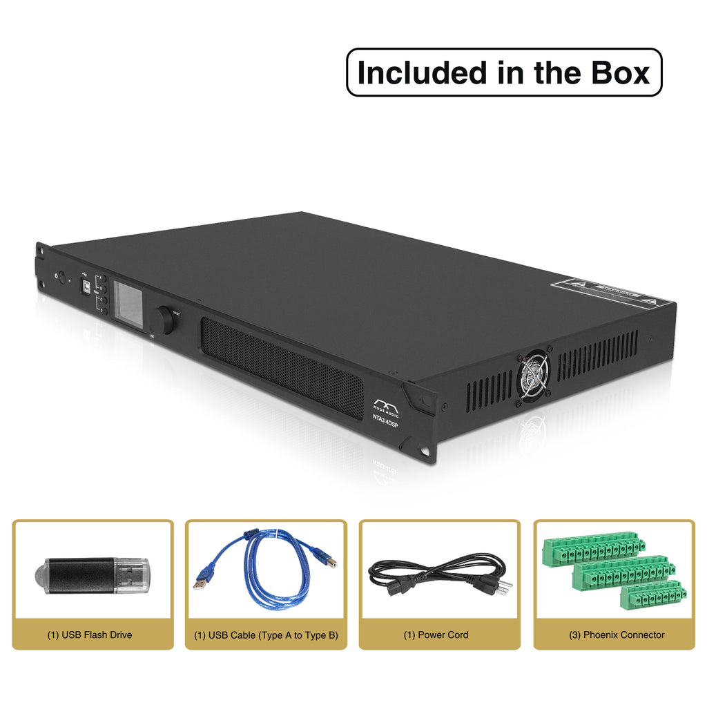 Sound Town NTA3.4DSP | MODE Audio Network 4-Ch PA/DJ Power Amplifier 4 x 450W, with DSP, FIR, Dante, PA Speaker Management with Display, Supports Low-Z 70V/100Vp-USB Flash Drive, USB Cable (Type A to Type B), Power Cord, (3) Phoenix Connector Included In the Box 