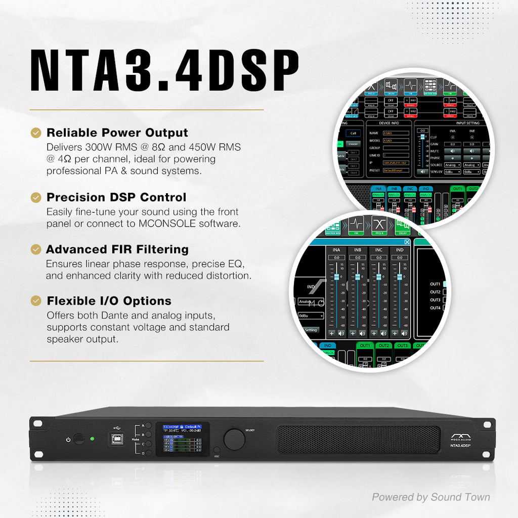 Sound Town NTA3.4DSP | MODE Audio Network 4-Channel PA/DJ Power Amplifier 4 x 450W, DSP, FIR, Dante, Speaker Management w/ Display, Supports Low-Z 70V/100V- Ideal for Driving High-End PA Speakers