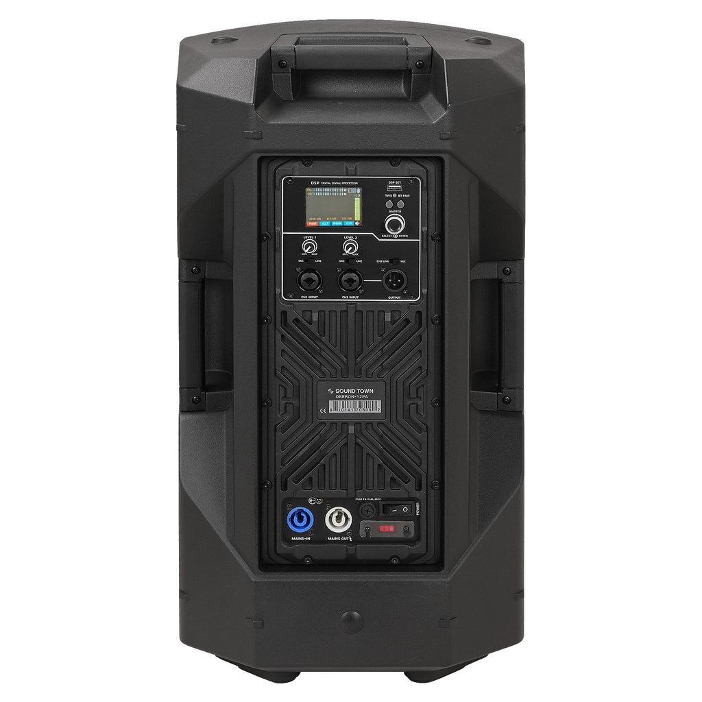 Sound Town OBERON-12PA | OBERON Series 12" Powered Loudspeaker w/ 1200W Class-D Amp, DSP, Selectable HPF, TWS Bluetooth 5.0, Recessed Handles for PA/DJ, Black - Back Panel