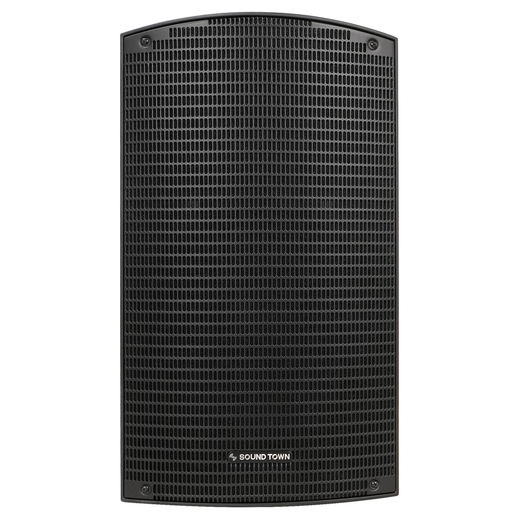 Sound Town OBERON-12PA | OBERON Series 12" Powered Loudspeaker w/ 1200W Class-D Amp, DSP, Selectable HPF, TWS Bluetooth 5.0, Recessed Handles for PA/DJ, Black - Front Panel