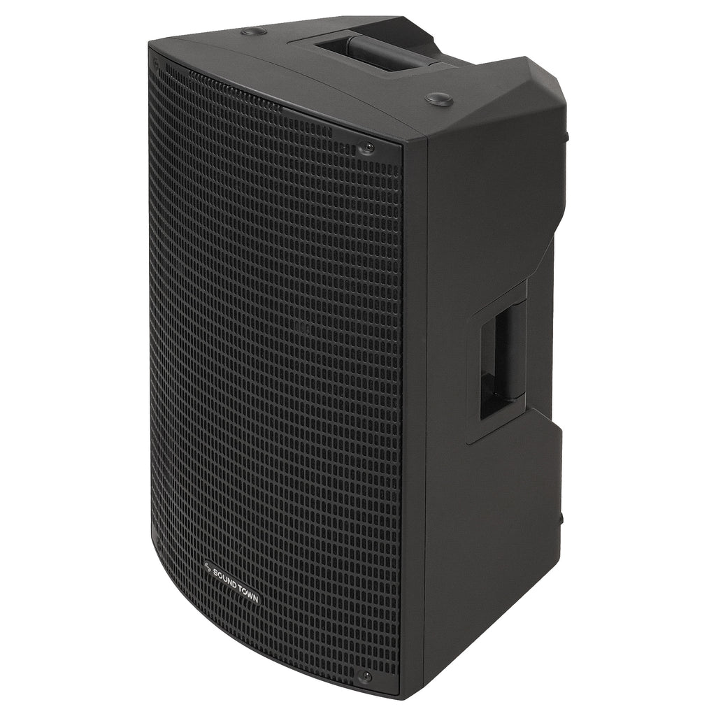 Sound Town OBERON-12PA | OBERON Series 12" Powered Loudspeaker w/ 1200W Class-D Amp, DSP, Selectable HPF, TWS Bluetooth 5.0, Recessed Handles for PA/DJ, Black - Left View