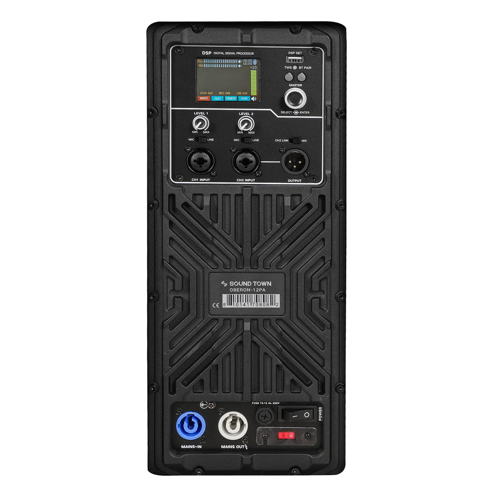Sound Town OBERON-12PA | OBERON Series 12" Powered Loudspeaker w/ 1200W Class-D Amp, DSP, Selectable HPF, TWS Bluetooth 5.0, Recessed Handles for PA/DJ, Black - Plate Amp