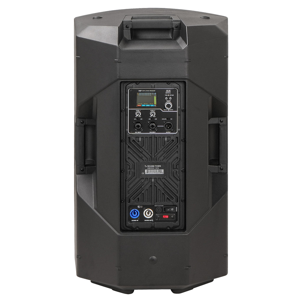 Sound Town OBERON-15PA | OBERON Series 15" Powered Loudspeaker w/ 1400W Class-D Amp, DSP, Selectable HPF, TWS Bluetooth 5.0, Recessed Handles for PA/DJ, Black - Back Panel