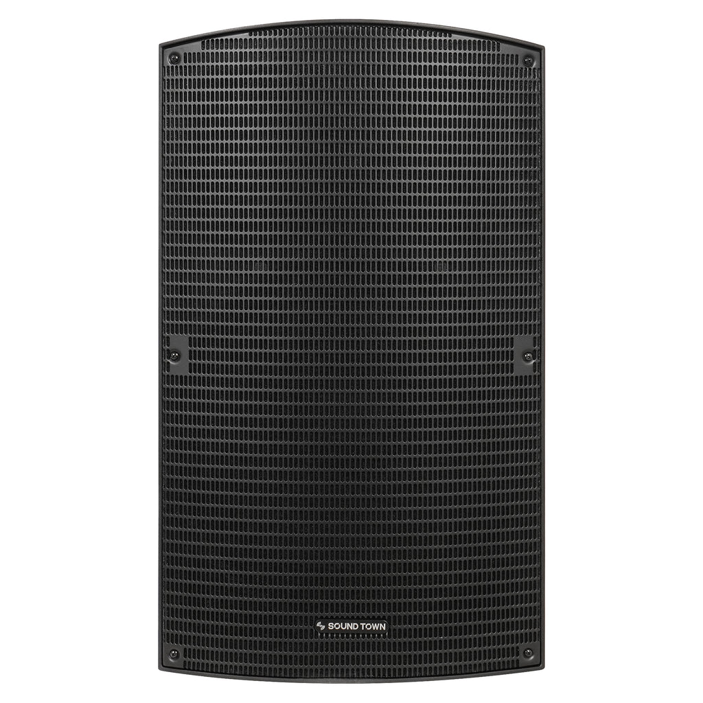 Sound Town OBERON-15PA | OBERON Series 15" Powered Loudspeaker w/ 1400W Class-D Amp, DSP, Selectable HPF, TWS Bluetooth 5.0, Recessed Handles for PA/DJ, Black - Front Panel
