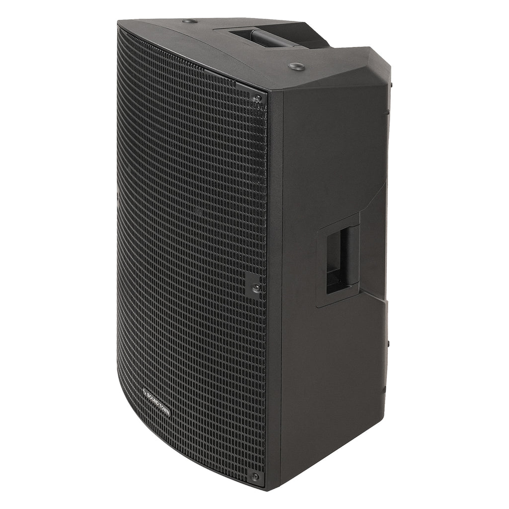 Sound Town OBERON-15PA | OBERON Series 15" Powered Loudspeaker w/ 1400W Class-D Amp, DSP, Selectable HPF, TWS Bluetooth 5.0, Recessed Handles for PA/DJ, Black - Left View