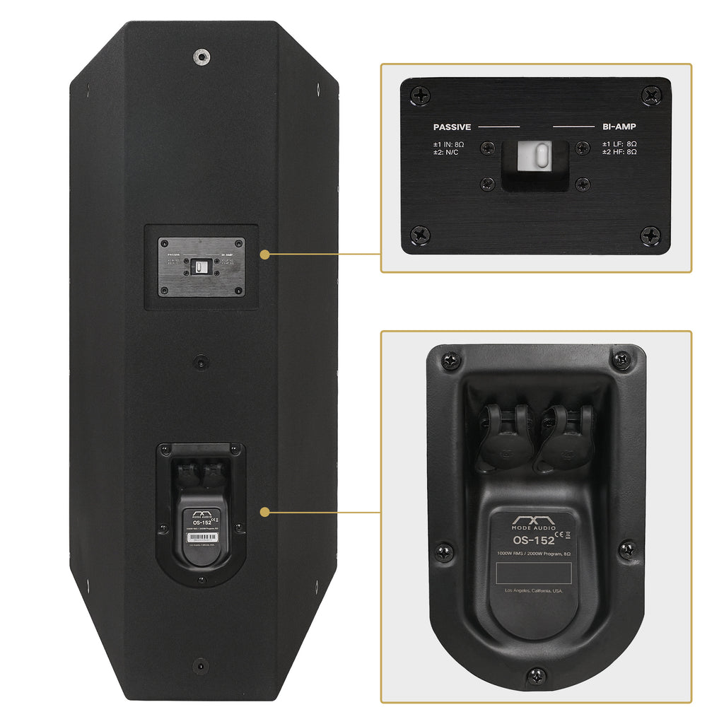 MODE Audio OS-15296 | MODE Audio OS Series 15" 2000W Full-Range Point Source Loudspeaker w/ LAVOCE Neodymium Drivers, Rotatable Horn, IP55 Weatherproof, Black - Passive/Bi-Amp Mode Selector Switch & Dual NL4 SpeakON Connections